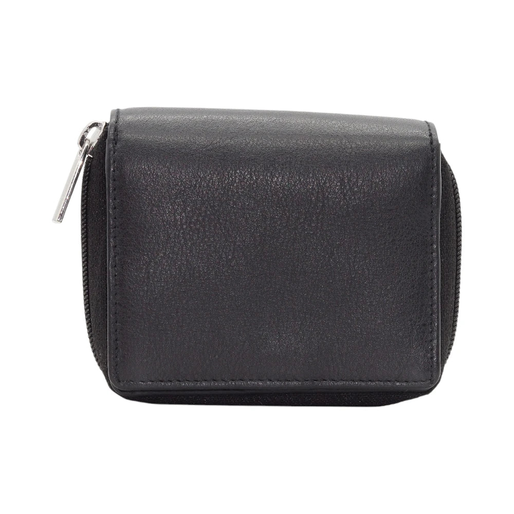 Front view of Black leather purse with a zipper on a white background