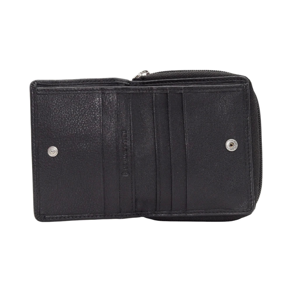 Black leather purse with silver buttons on a white background