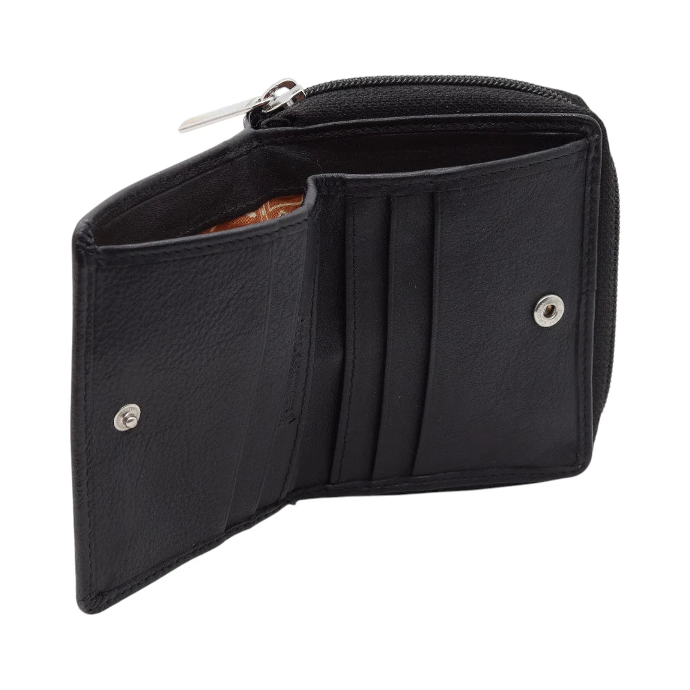 Open view of Black leather purse with silver zippers on a white background