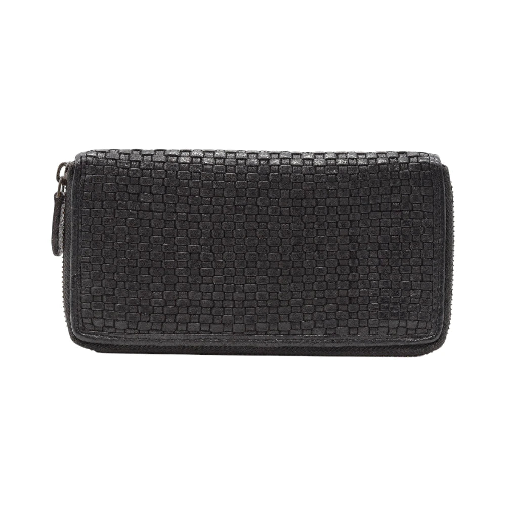 Black genuine leather zip around wallet with textured weave pattern and side zipper