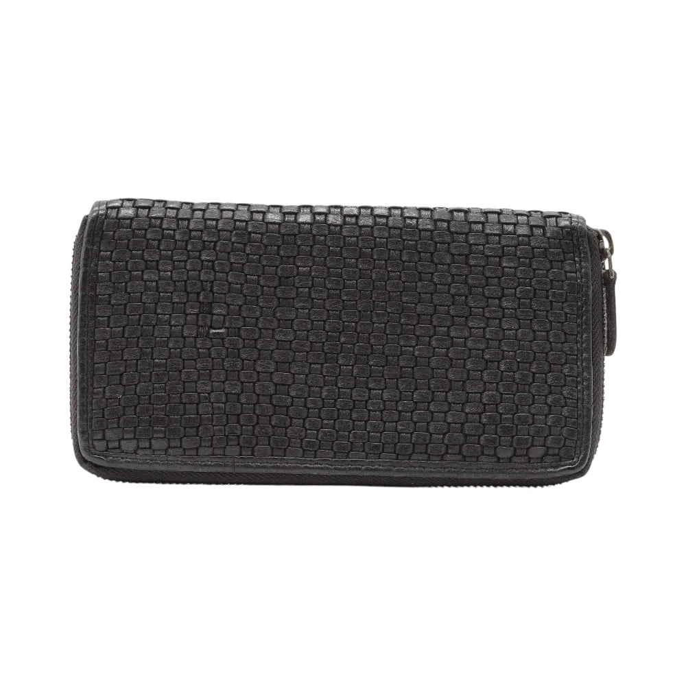 Front view of Black leather purse on a white background