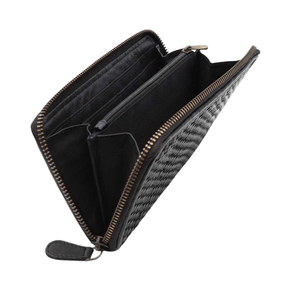 Black and gray patterned wallet with a zipper on a white background