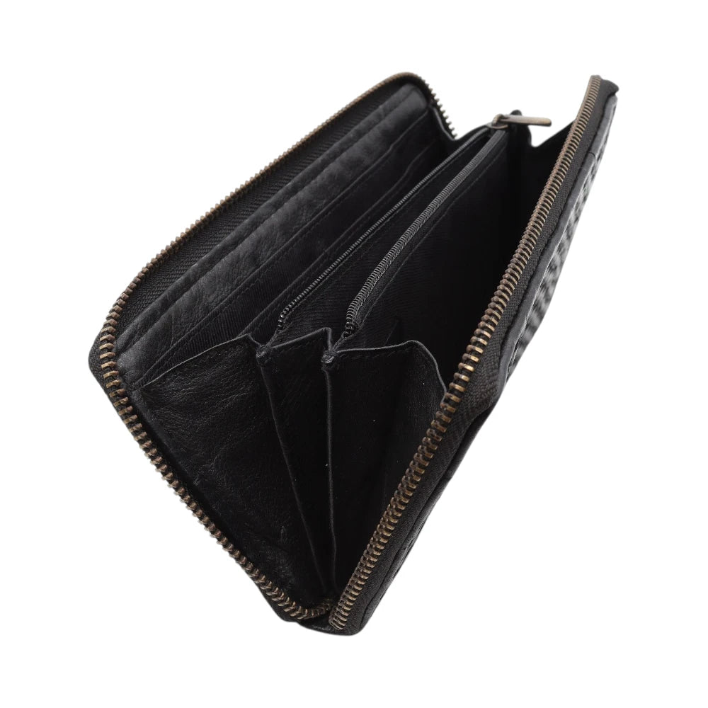 Open view of Black leather wallet with gold zipper on a white background