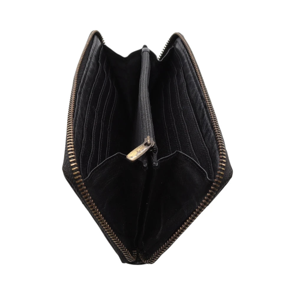 Black wallet with gold zipper on a white background