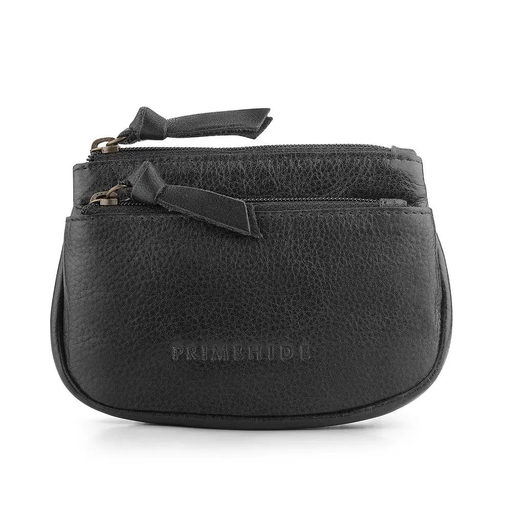Front view of Black leather pouch with a zipper on a white background