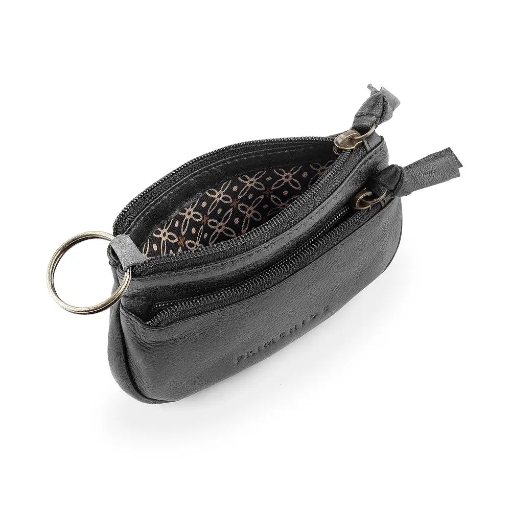 Front view of Black leather pouch with a zipper on a white background