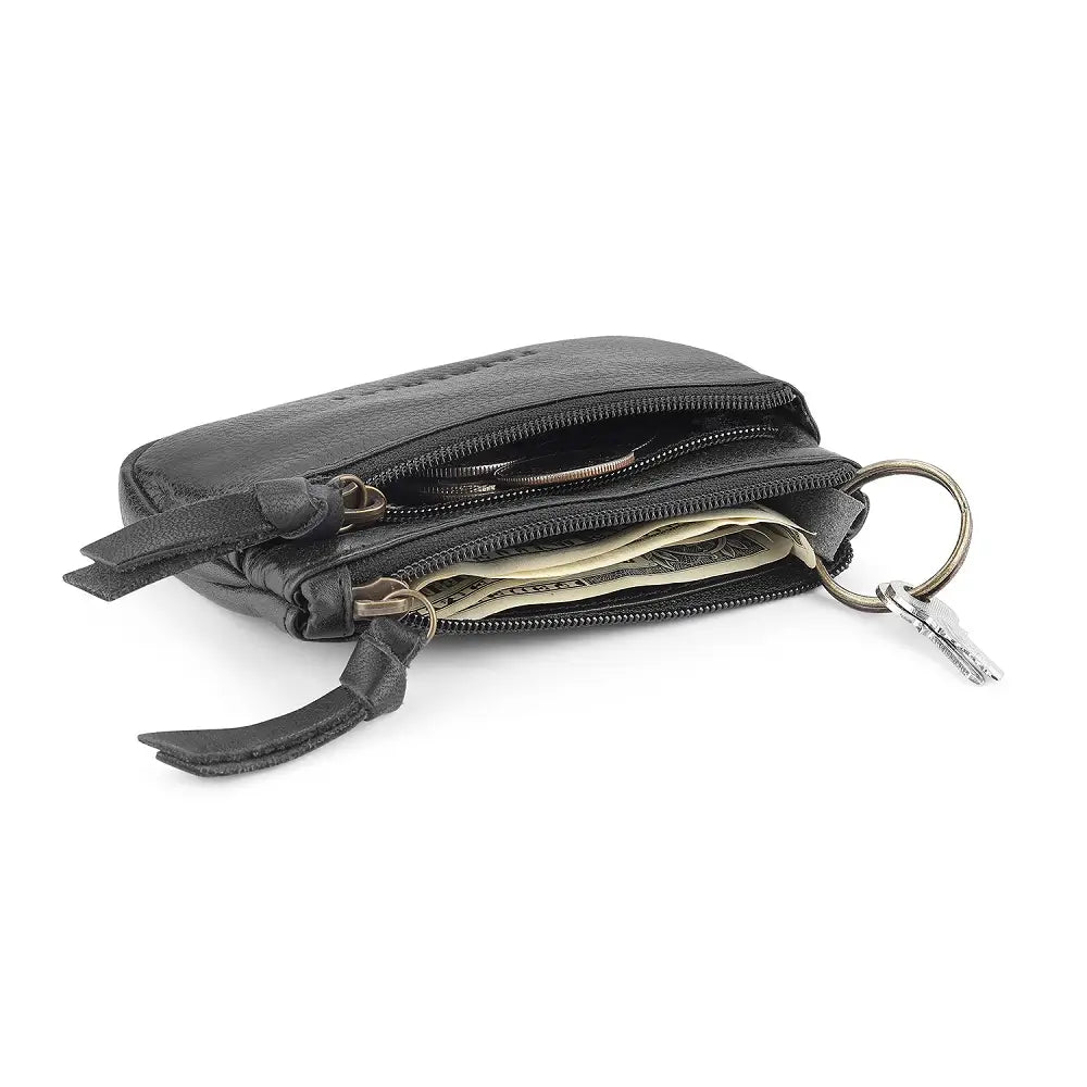Black leather wallet with keychain on a white background
