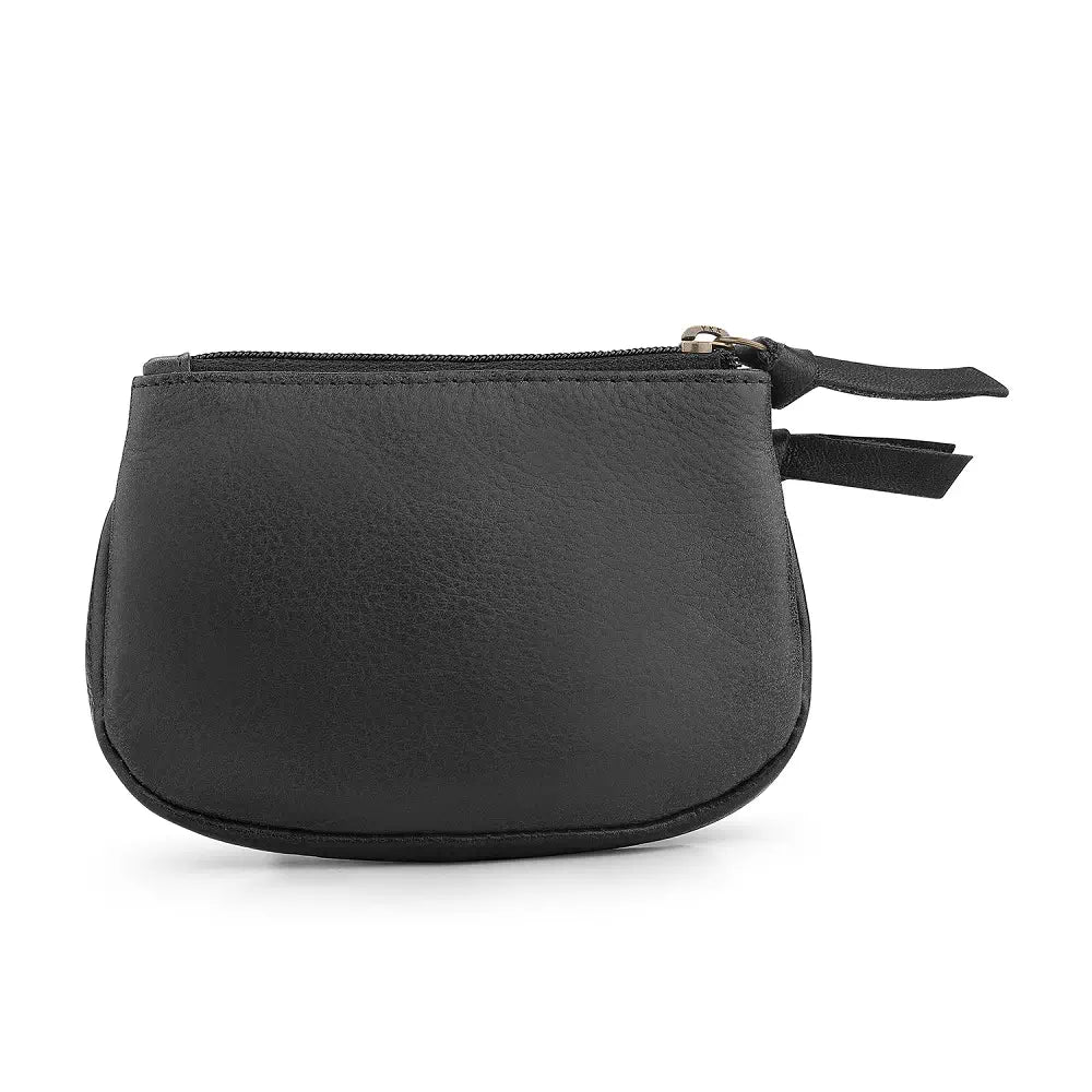 Back view of Black leather pouch with a zipper on a white background