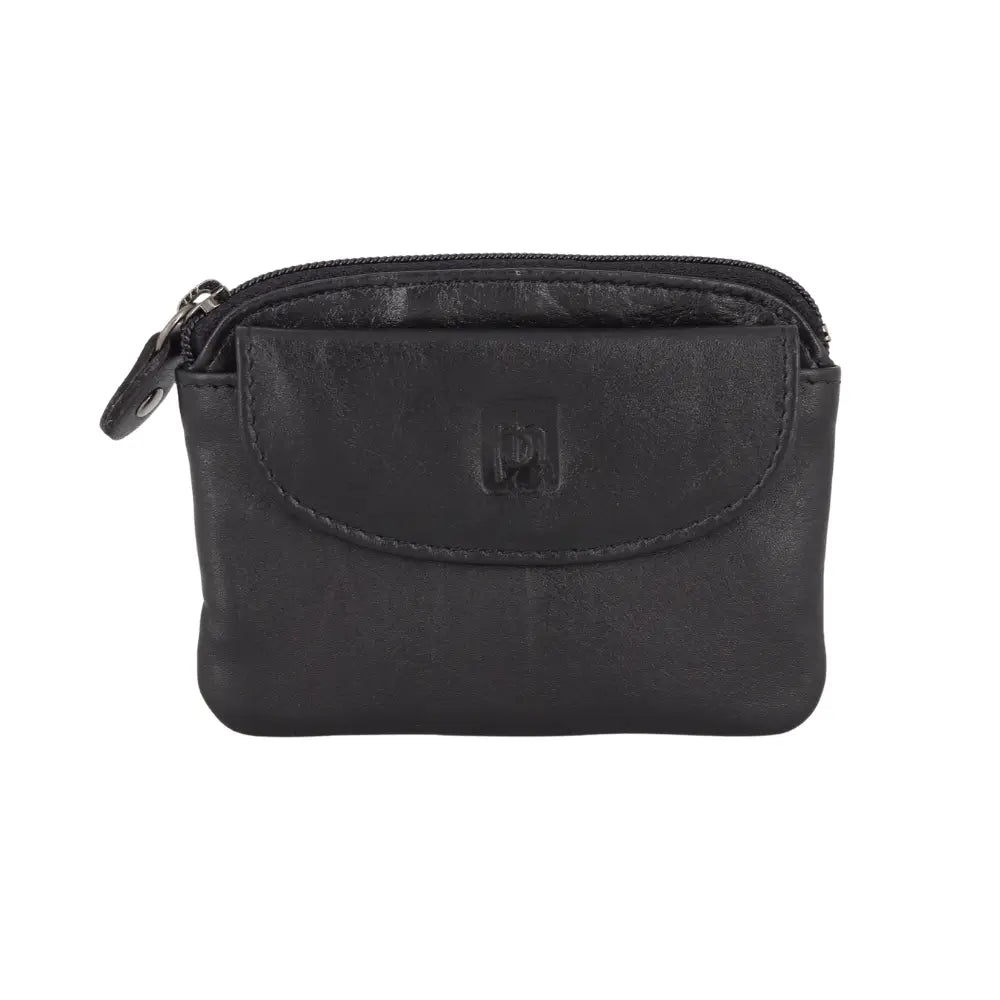 Black leather pouch with zipper on a white background