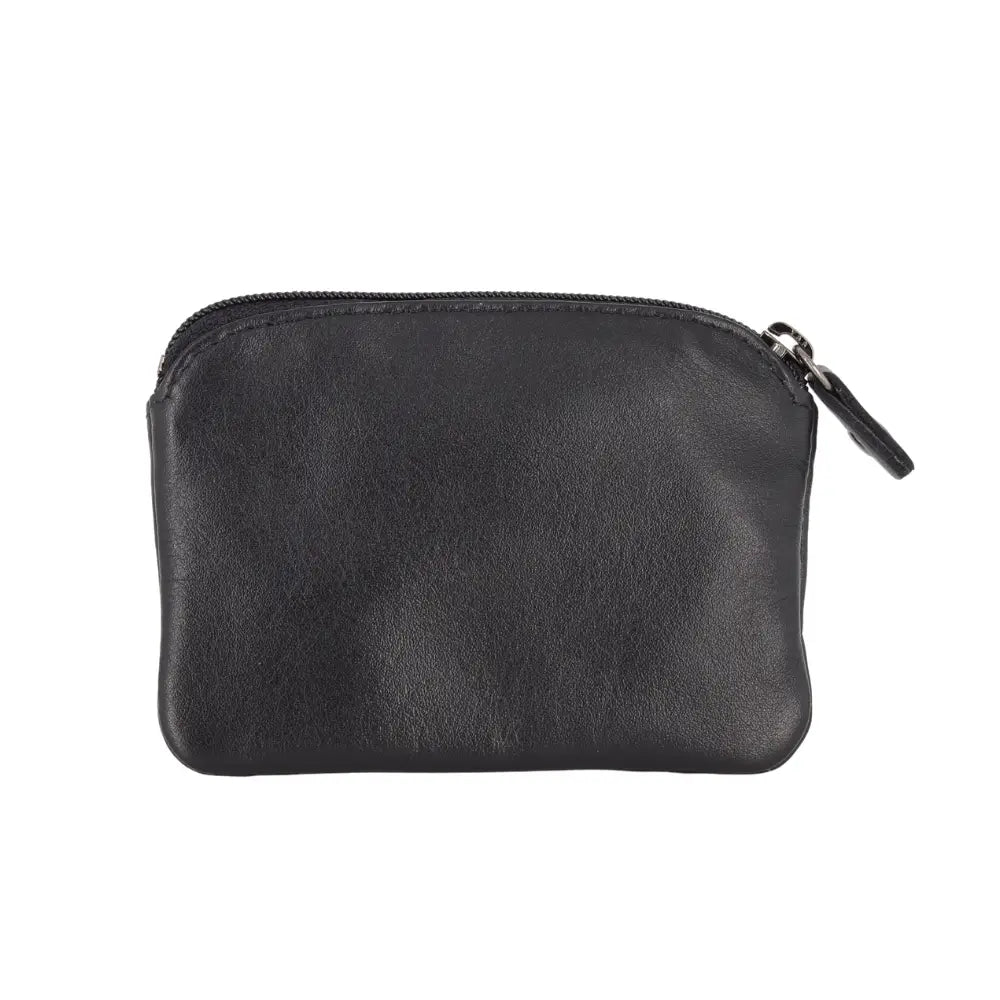 Black leather pouch with a zipper on a white background