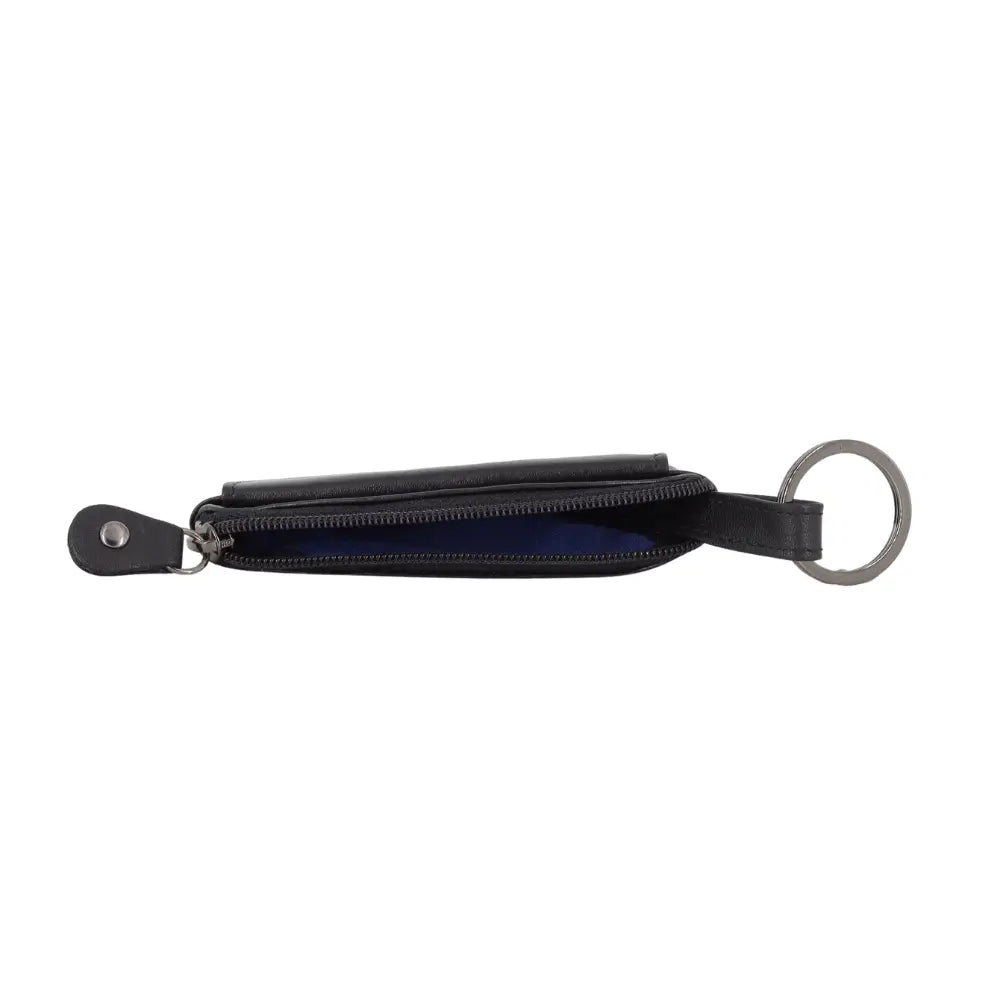 Black leather keychain with a zipper on a white background