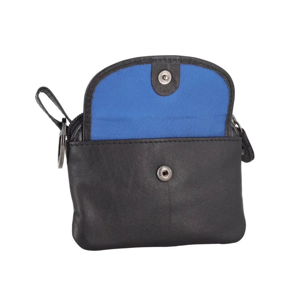 Black leather pouch with a blue interior on a white background