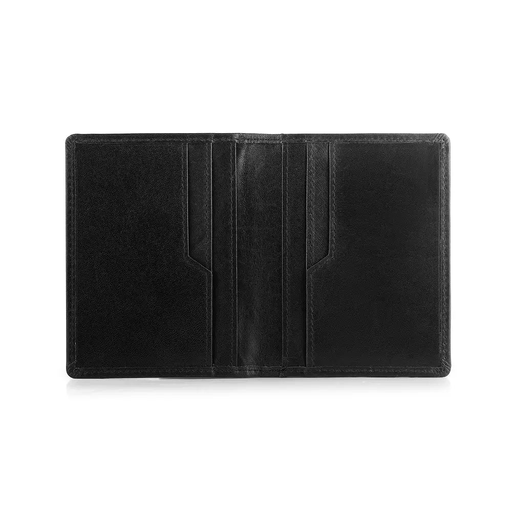 Open view of Black leather credit card holder on a white background