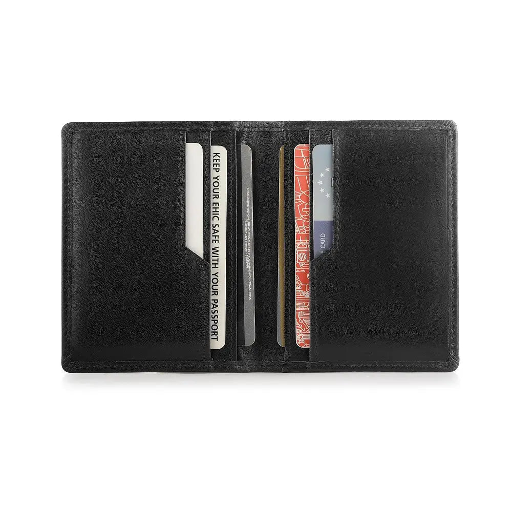 Black leather credit card holder with card slots on a white background