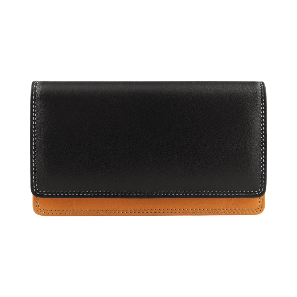Front view of Black wallet with orange bottom section on a white background