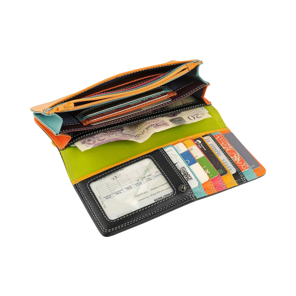 Oragnaised view of Black wallet with note  section on a white background