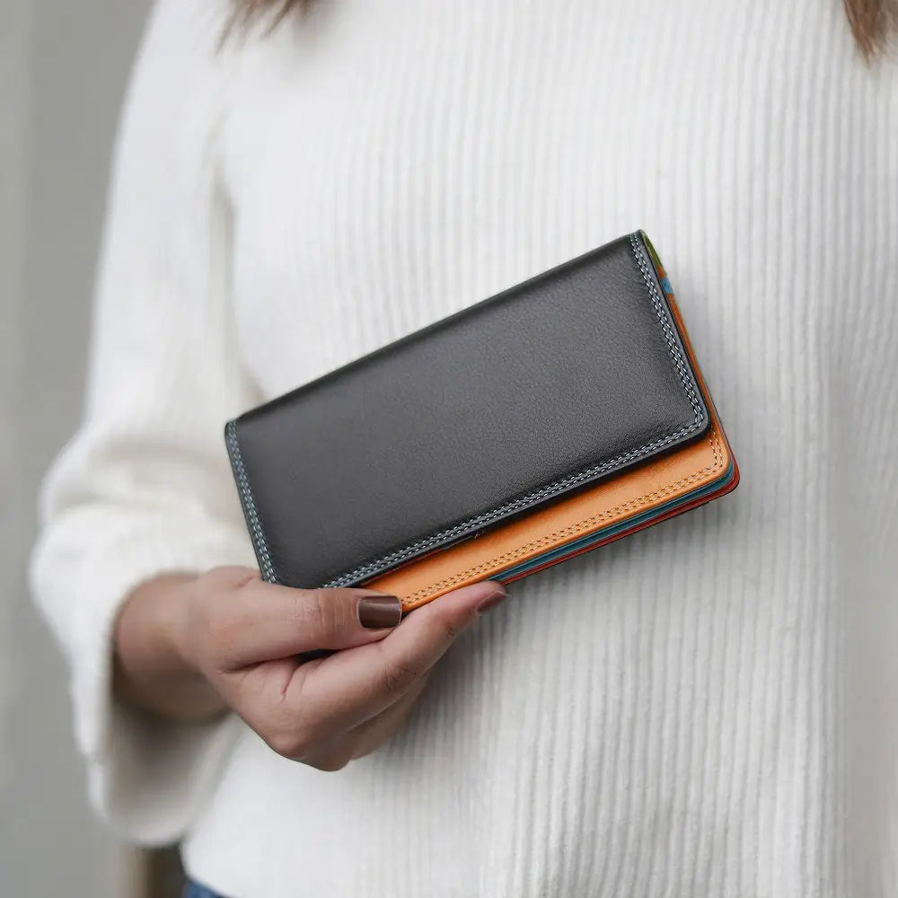 Person  holding of Black wallet with orange bottom section on a white background
