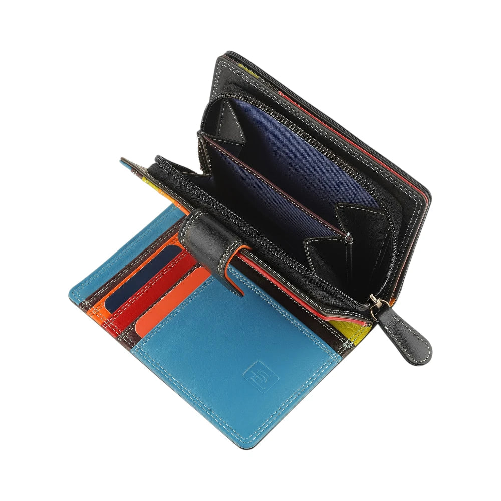 Multicolored wallet with a blue flap on a white background