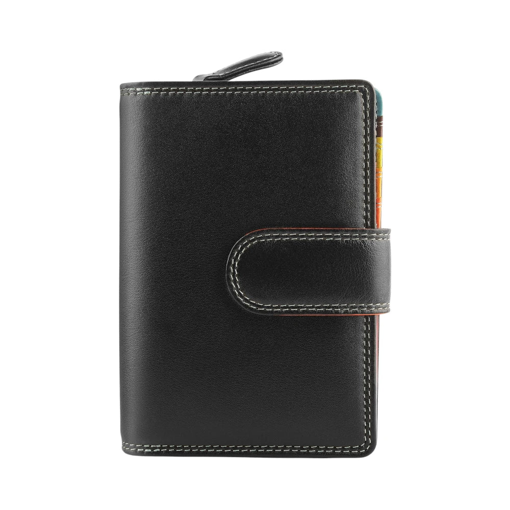 Front view of Black leather wallet with a strap on a white background