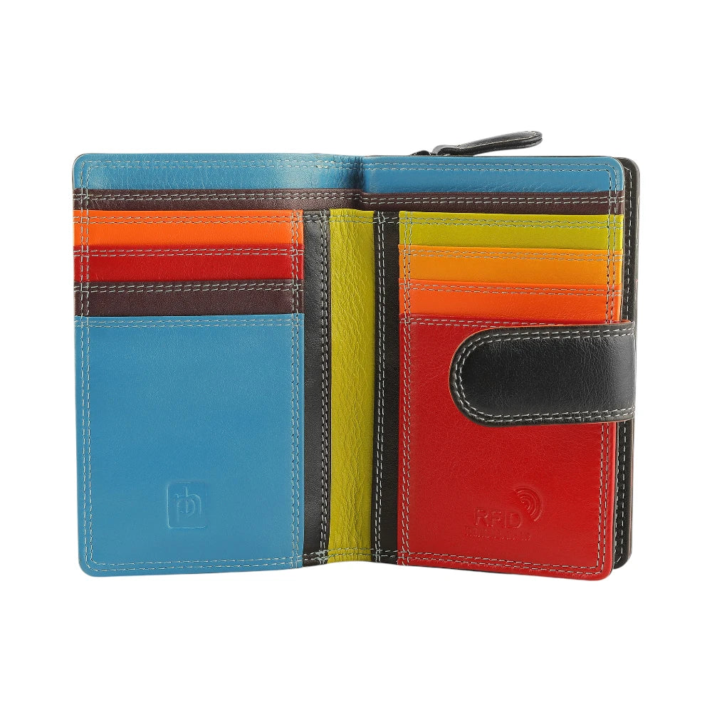 Black wallet with multiple card slots on a white background