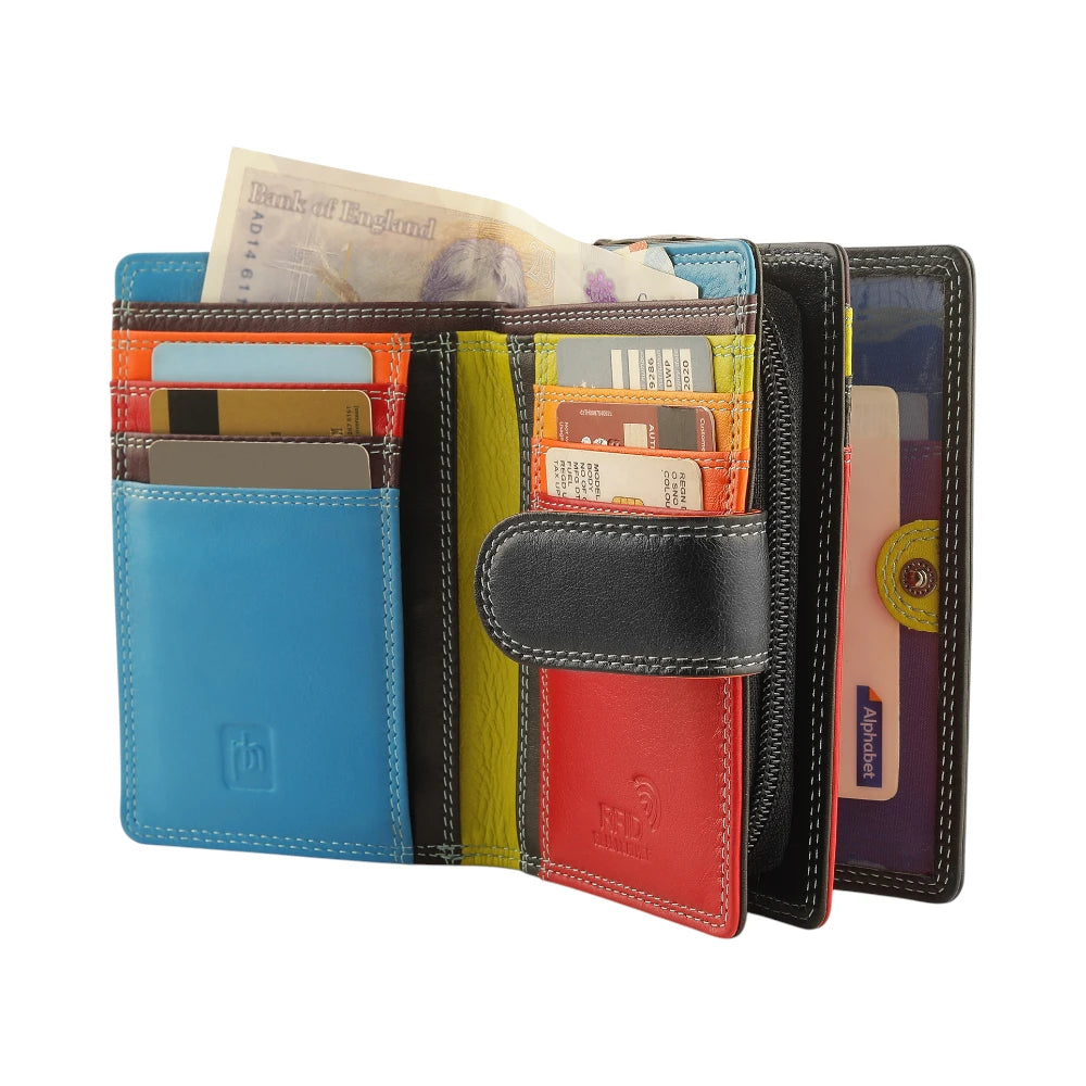 Black wallet with various cards and a passport on a white background