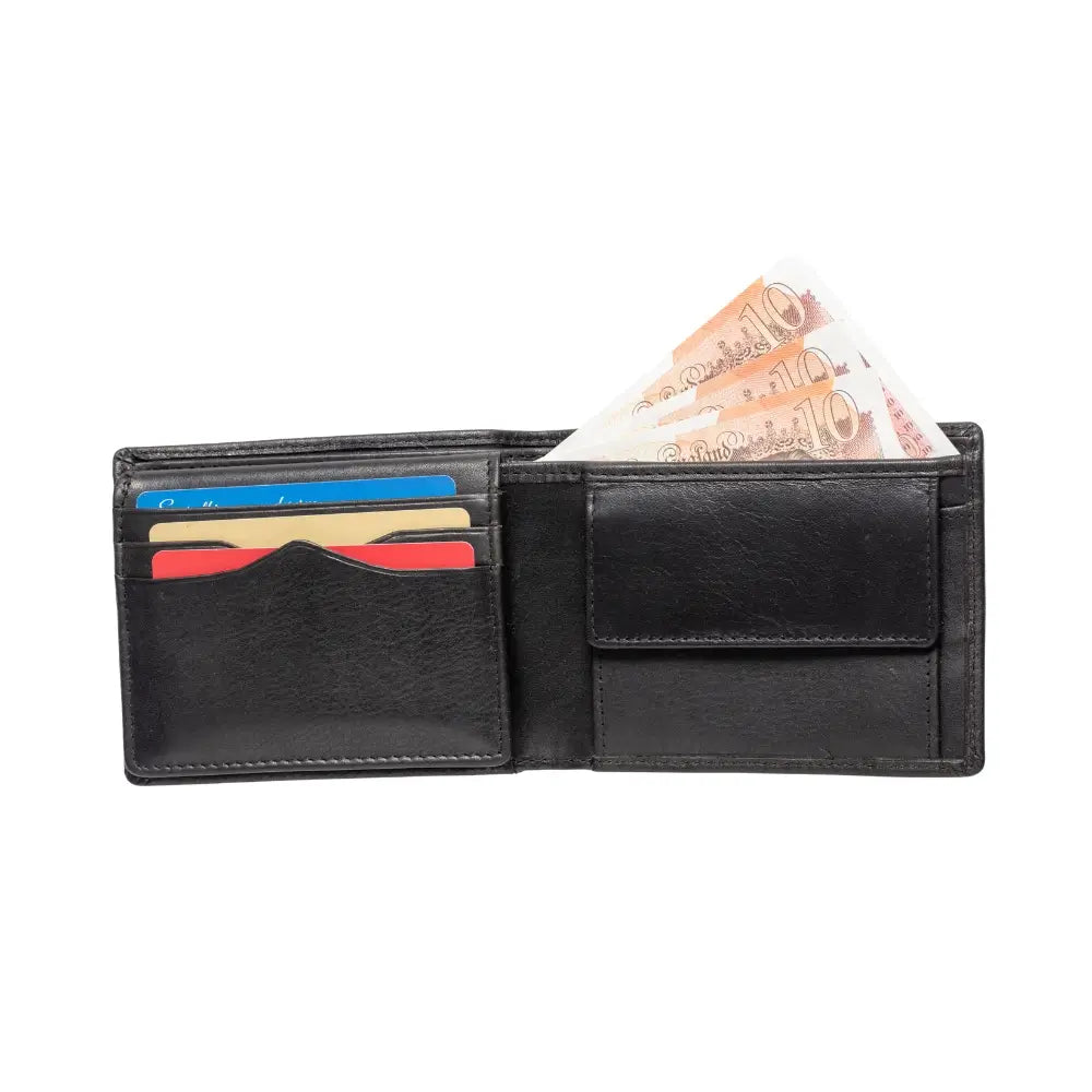 Black leather wallet with money and cards on a white background