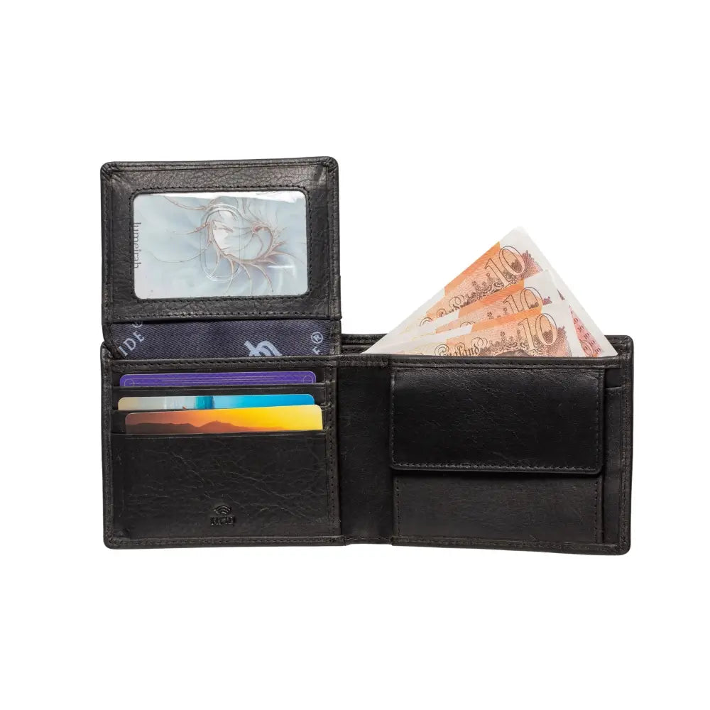 Black leather wallet with card slots and bill compartment on a white background