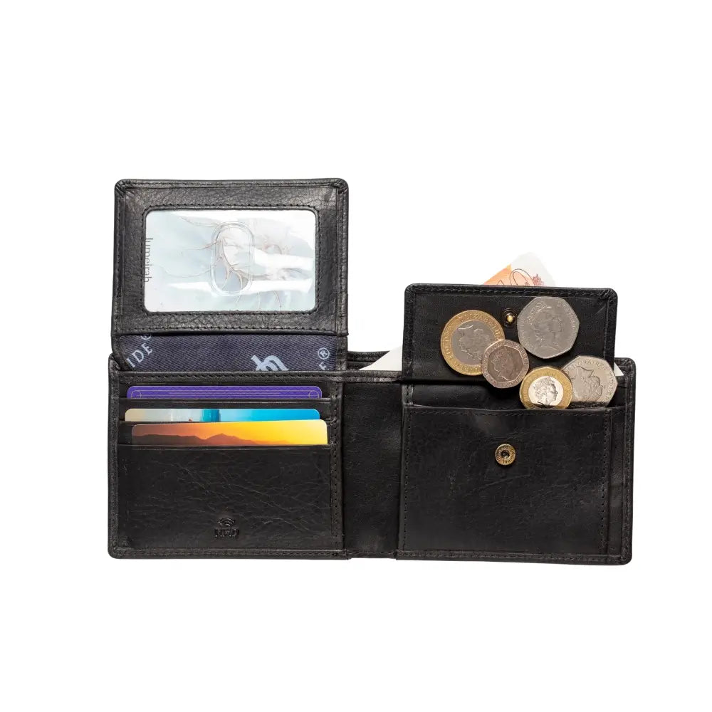 Black leather wallet with card slots and coin pocket on a white background