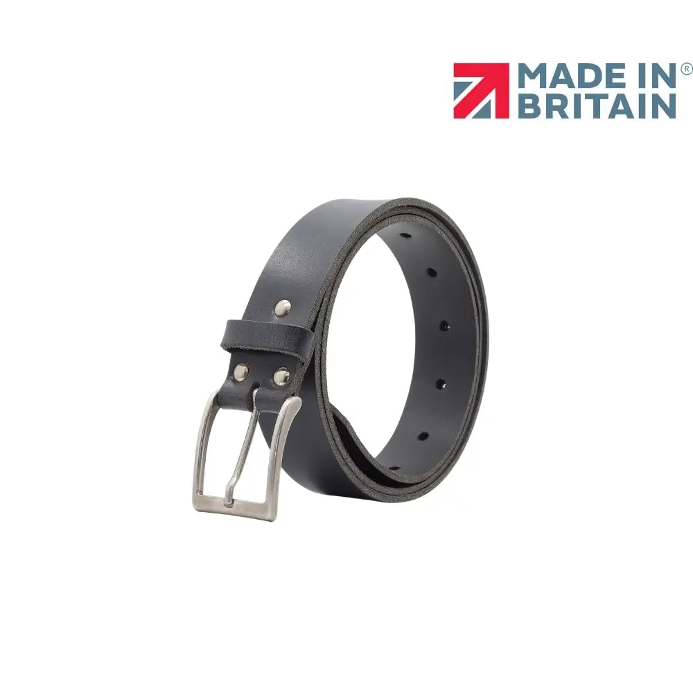 Black leather belt with silver buckle on a white background, featuring 'Made in Britain' logo.