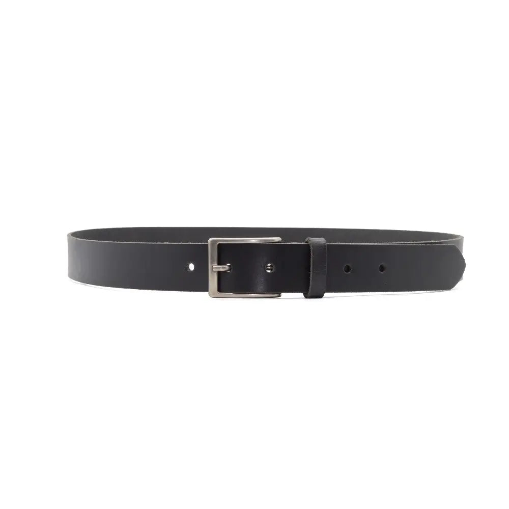 Full width view of Black Silver Buckle Leather Belt on a white background