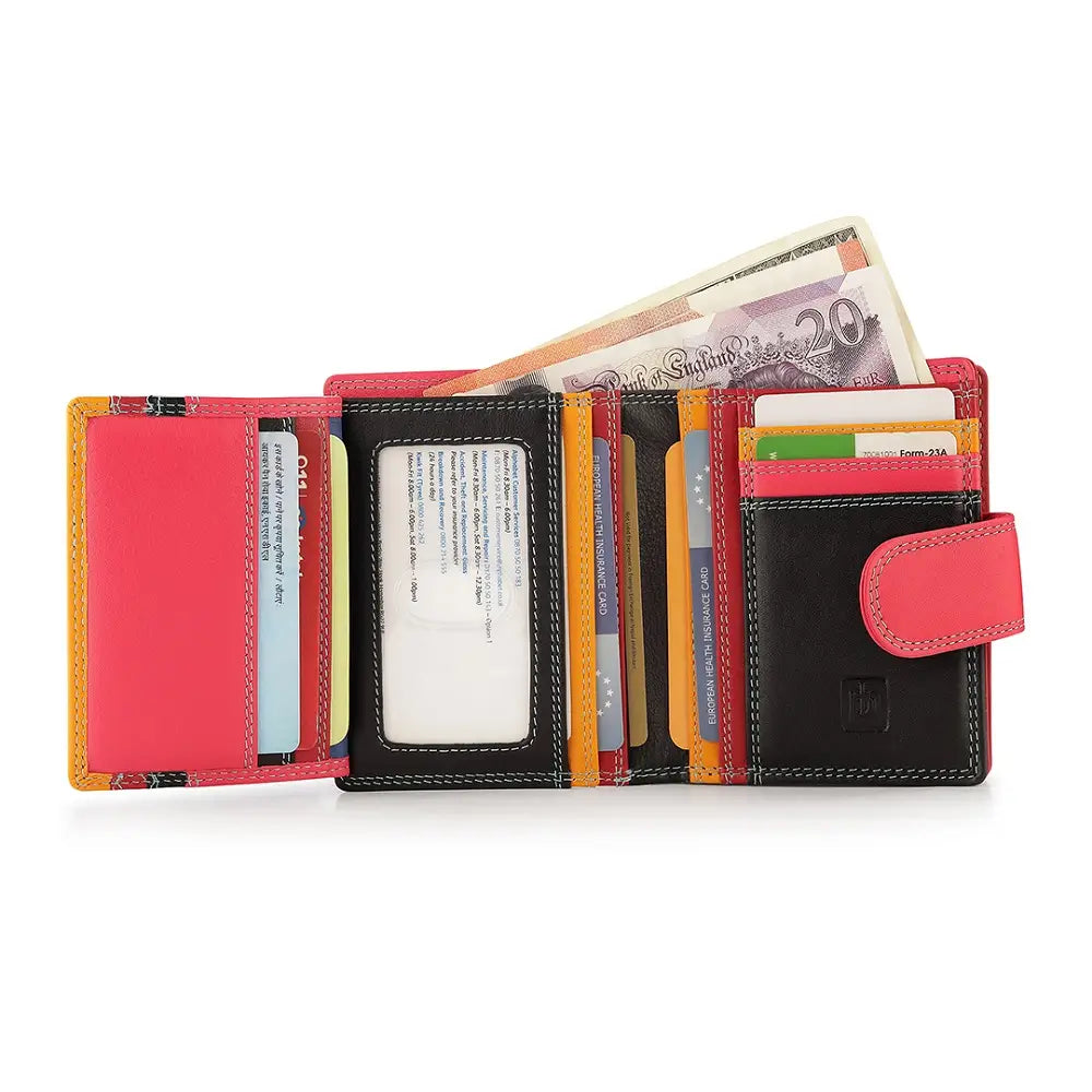 Black wallet with money and cards on a white background