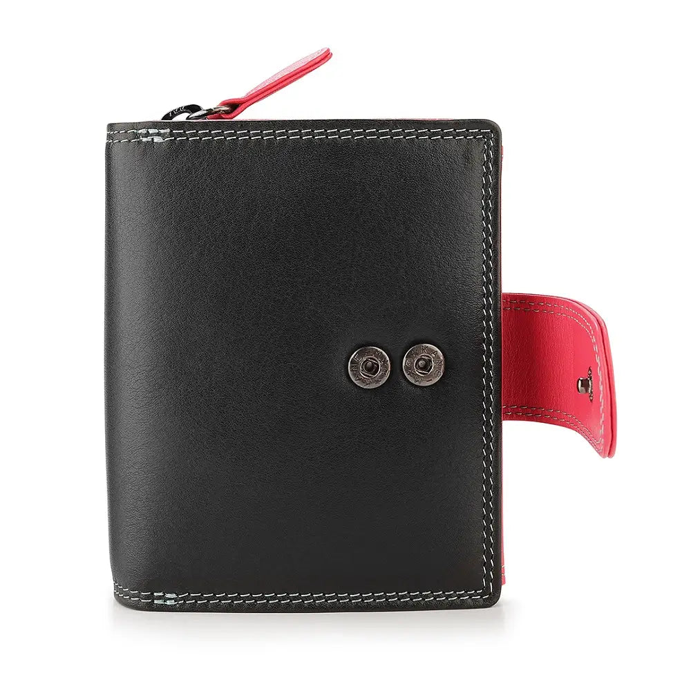 Black leather wallet with red accents on a white background