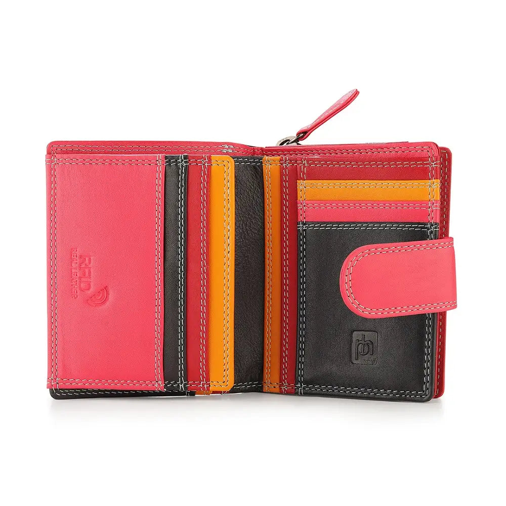 Black leather wallet with visible stitching on a white background
