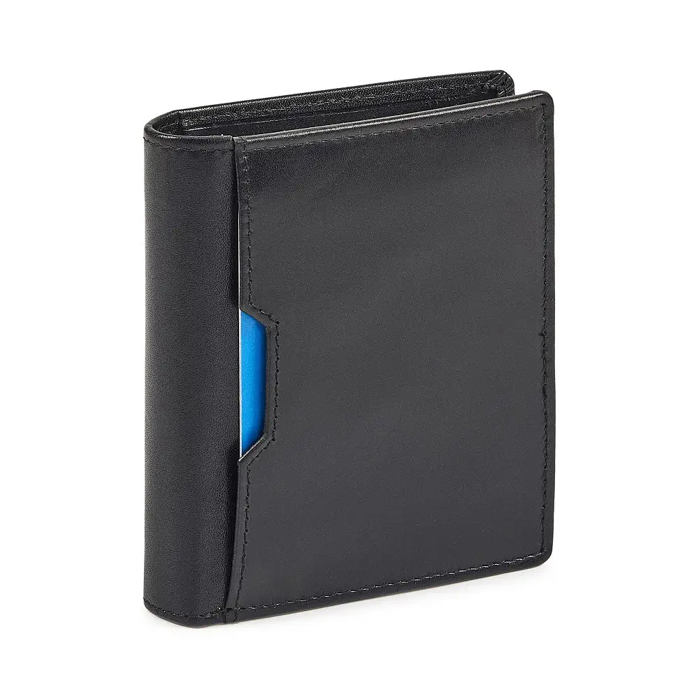 Black leather wallet with a blue card holder on a white background