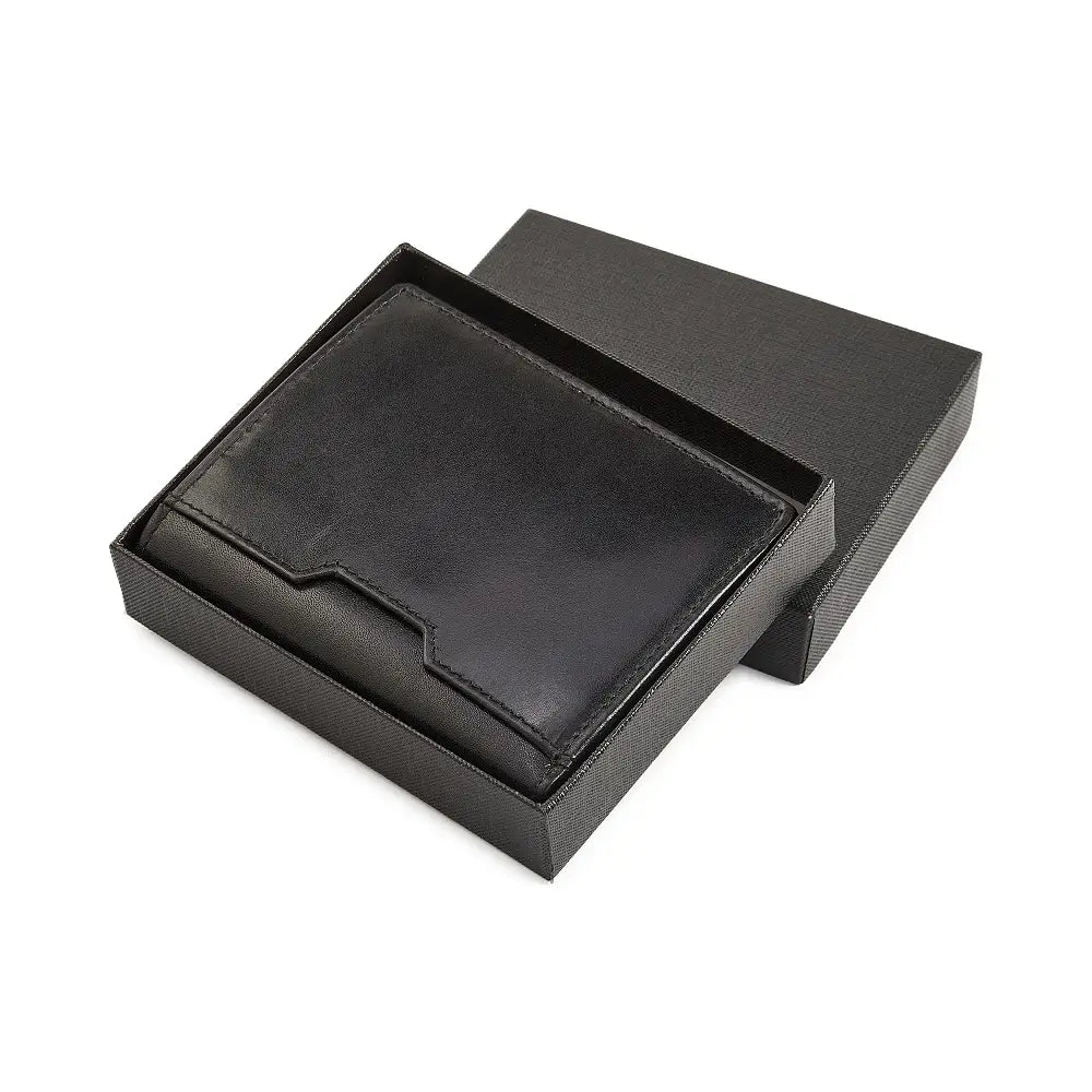 Black leather wallet in an open black box on a white background