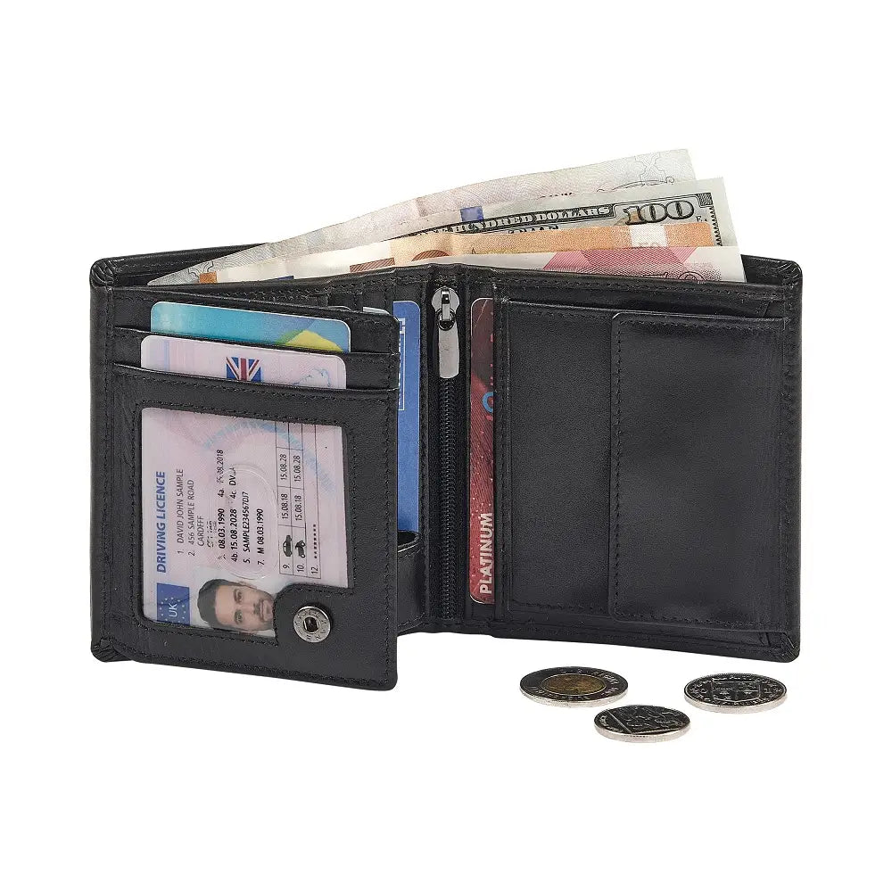 Black wallet with various cards, money, and coins on a white background
