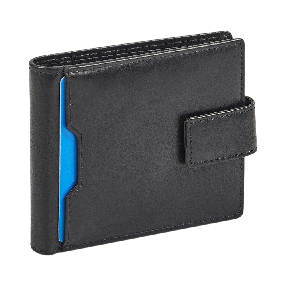 Black wallet with a blue accent on a white background