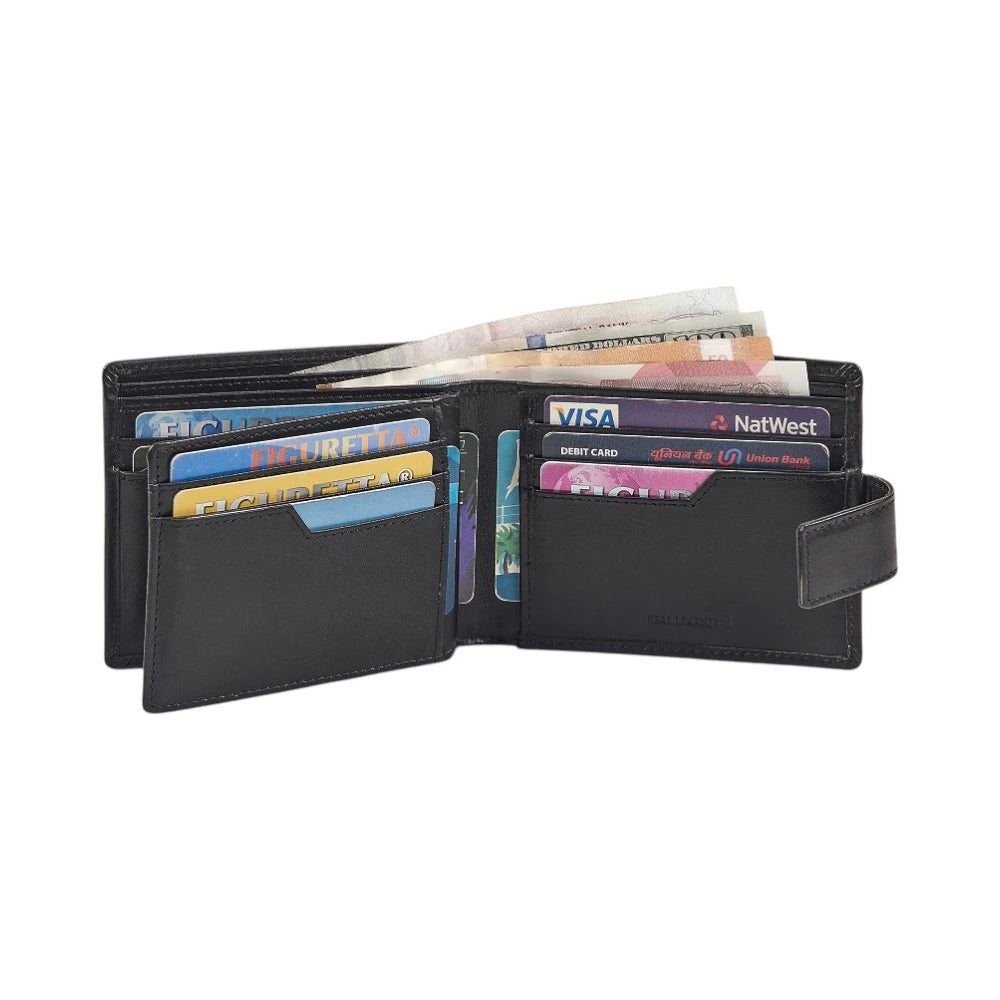 Black wallet with various cards and money on a white background