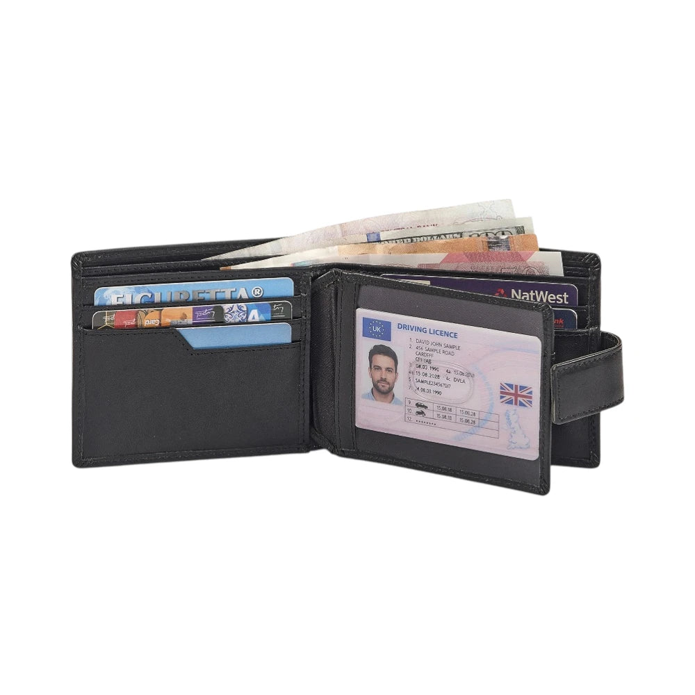 Black leather wallet with various cards and a driving license on a white background