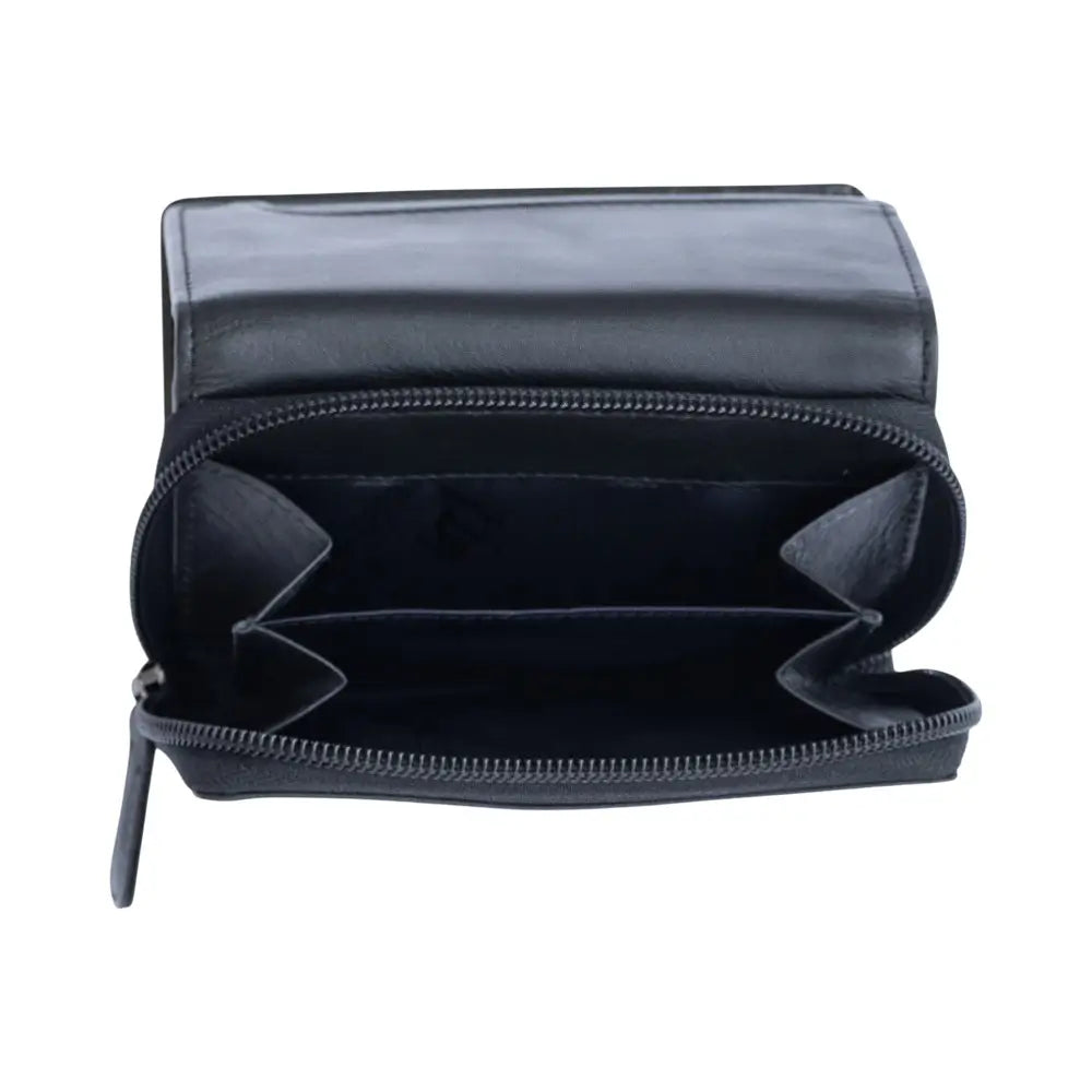Black trifold wallet with clear top on a white background