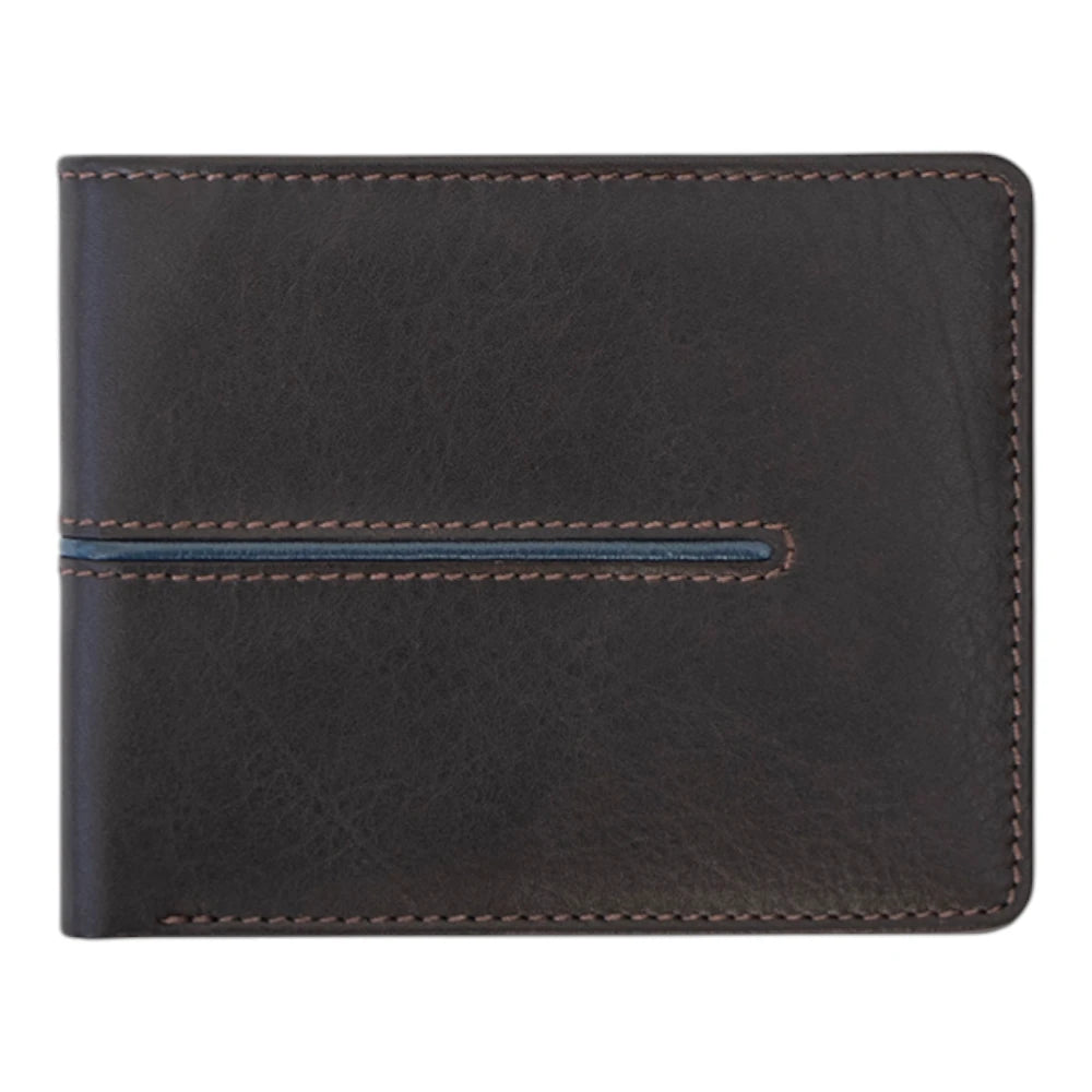 Front view of Brown leather wallet with a blue stitching detail on a white background