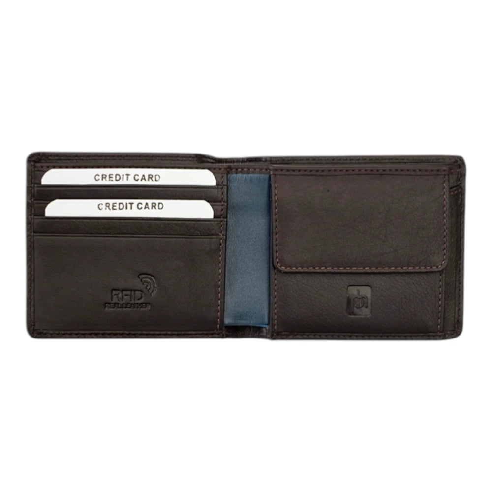 Front view of Brown leather wallet with a blue stitching detail on a white background
