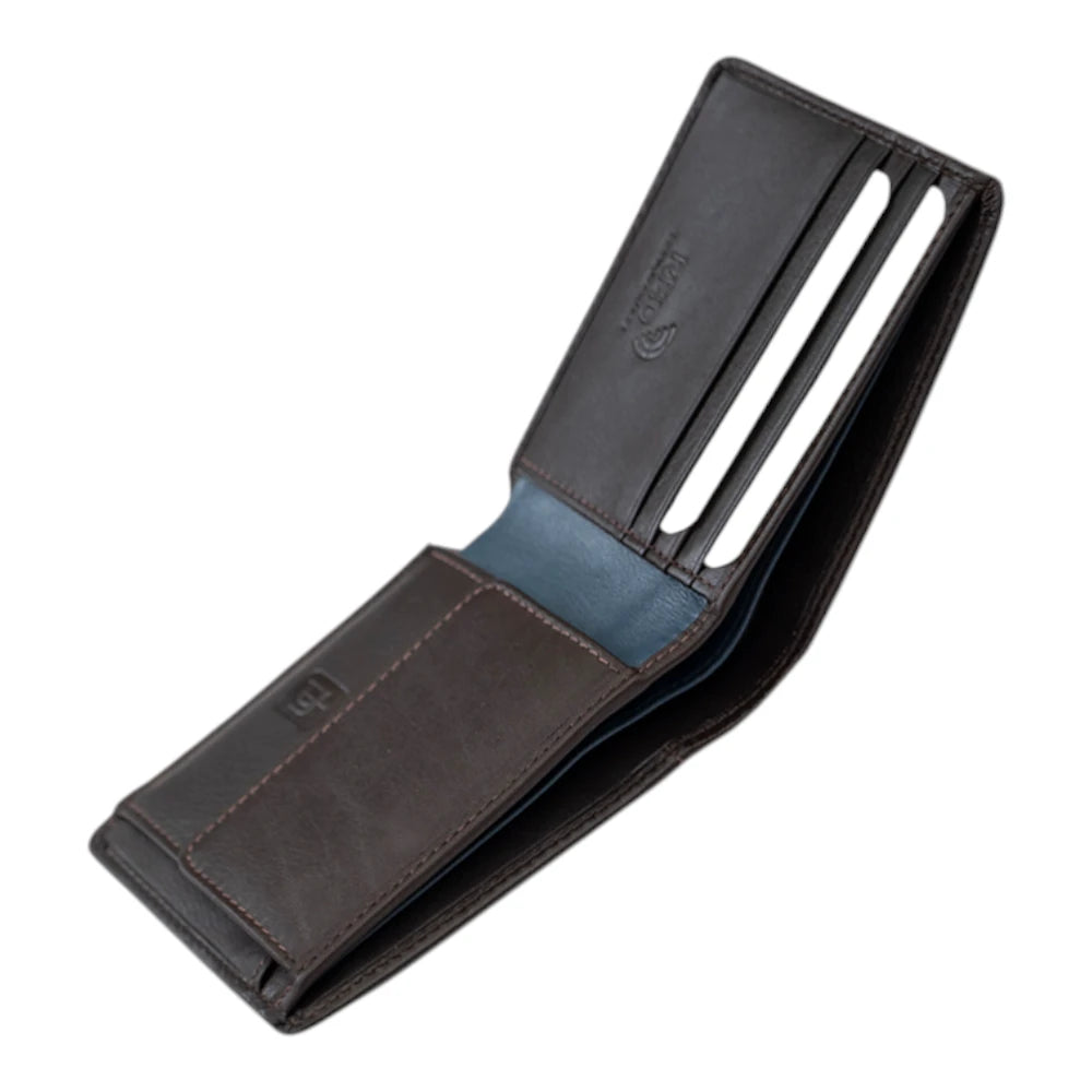 Open view of Brown leather wallet with a blue interior on a white background