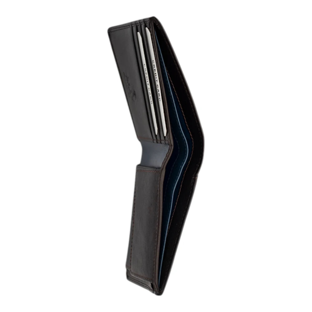 Angle view of Brown wallet with open design on a white background