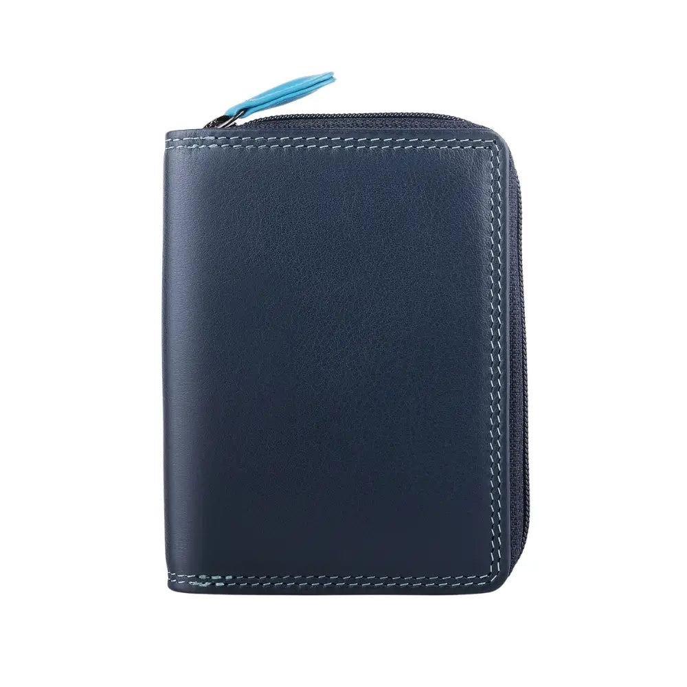 Blue leather wallet with a blue zipper on a white background