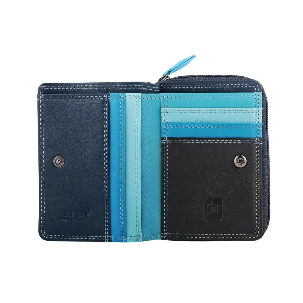 Open blue and black wallet with visible brand logo on a white background
