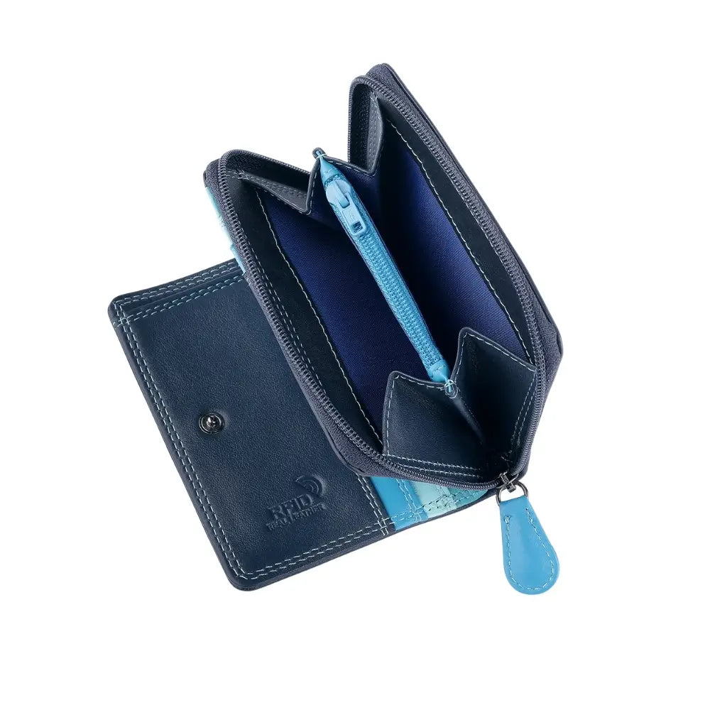Blue leather wallet with a zipper on a white background