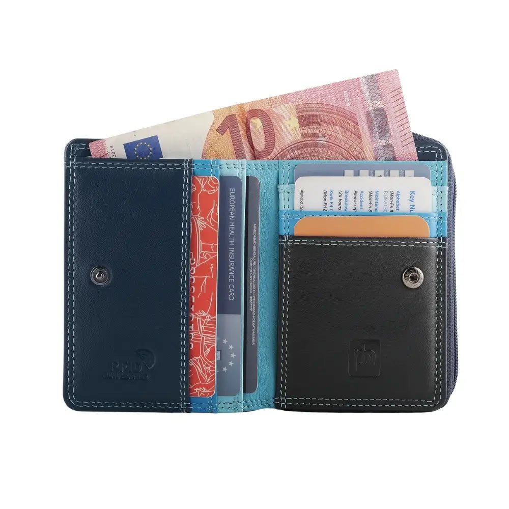 Blue wallet with money and cards on a white background