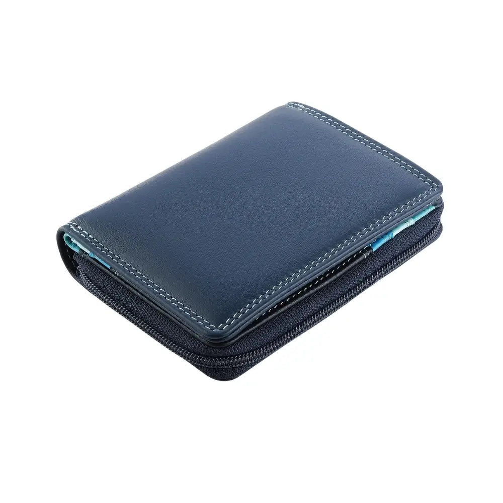 Blue wallet with a zipper on a white background