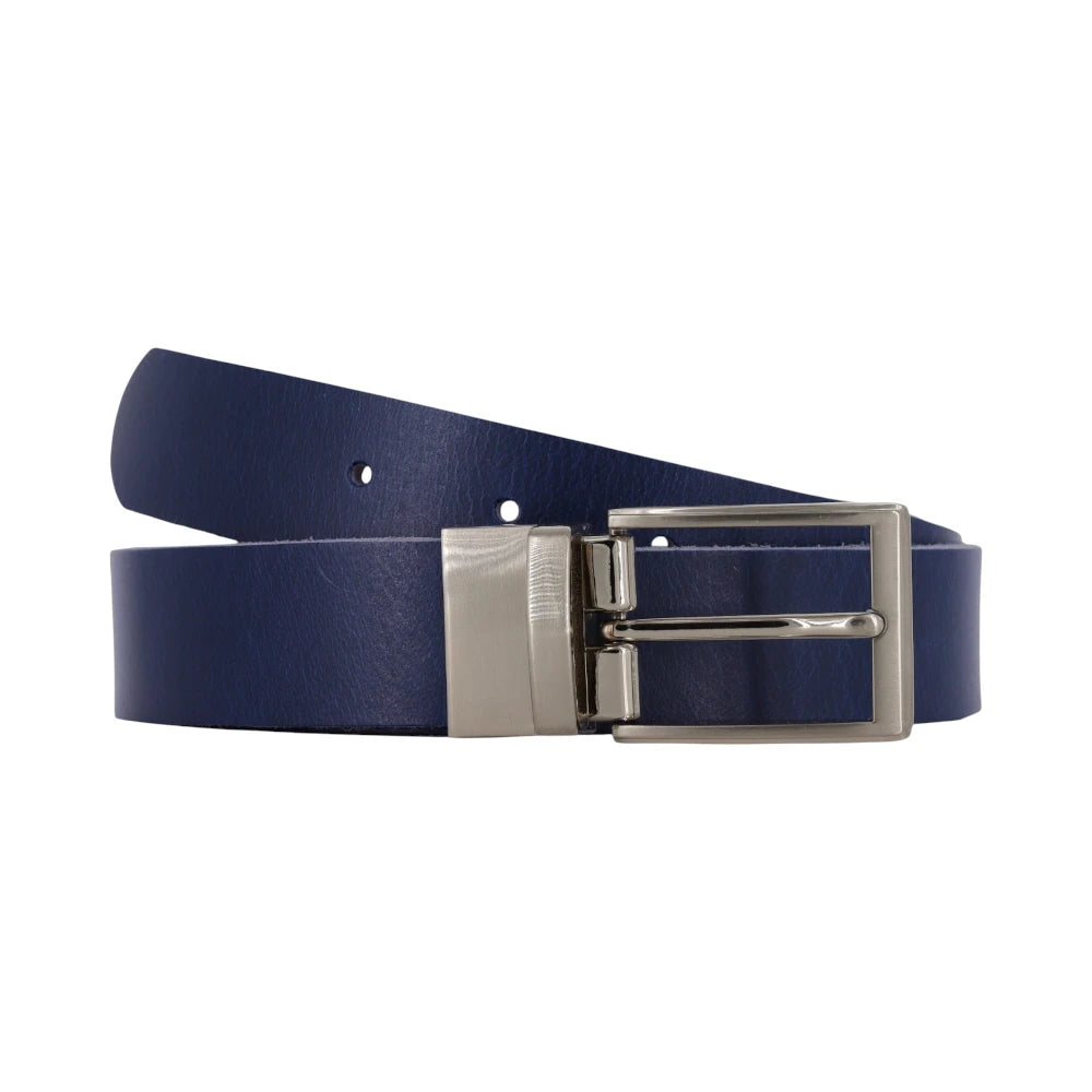 Blue belt with a silver buckle on a white background